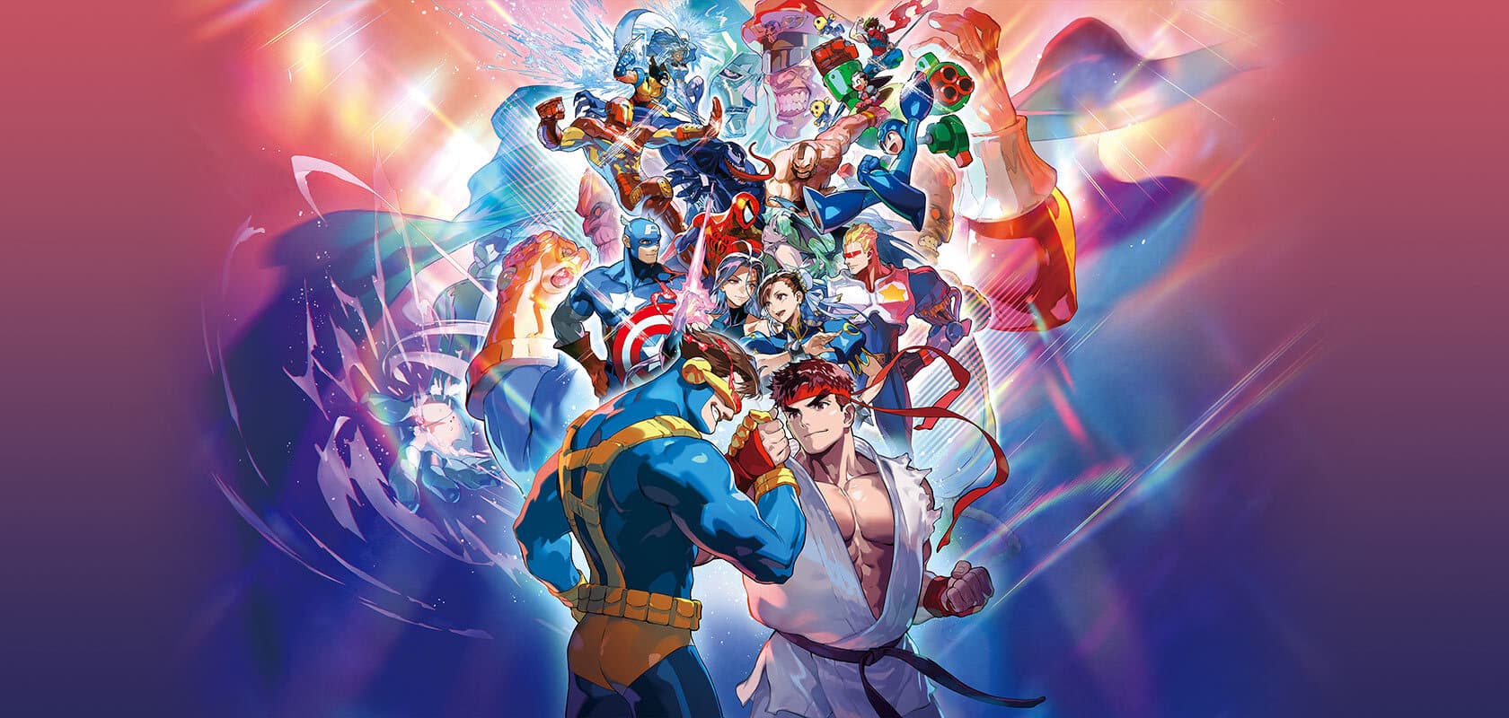 Promotional artwork featuring Marvel and Capcom fighting game characters