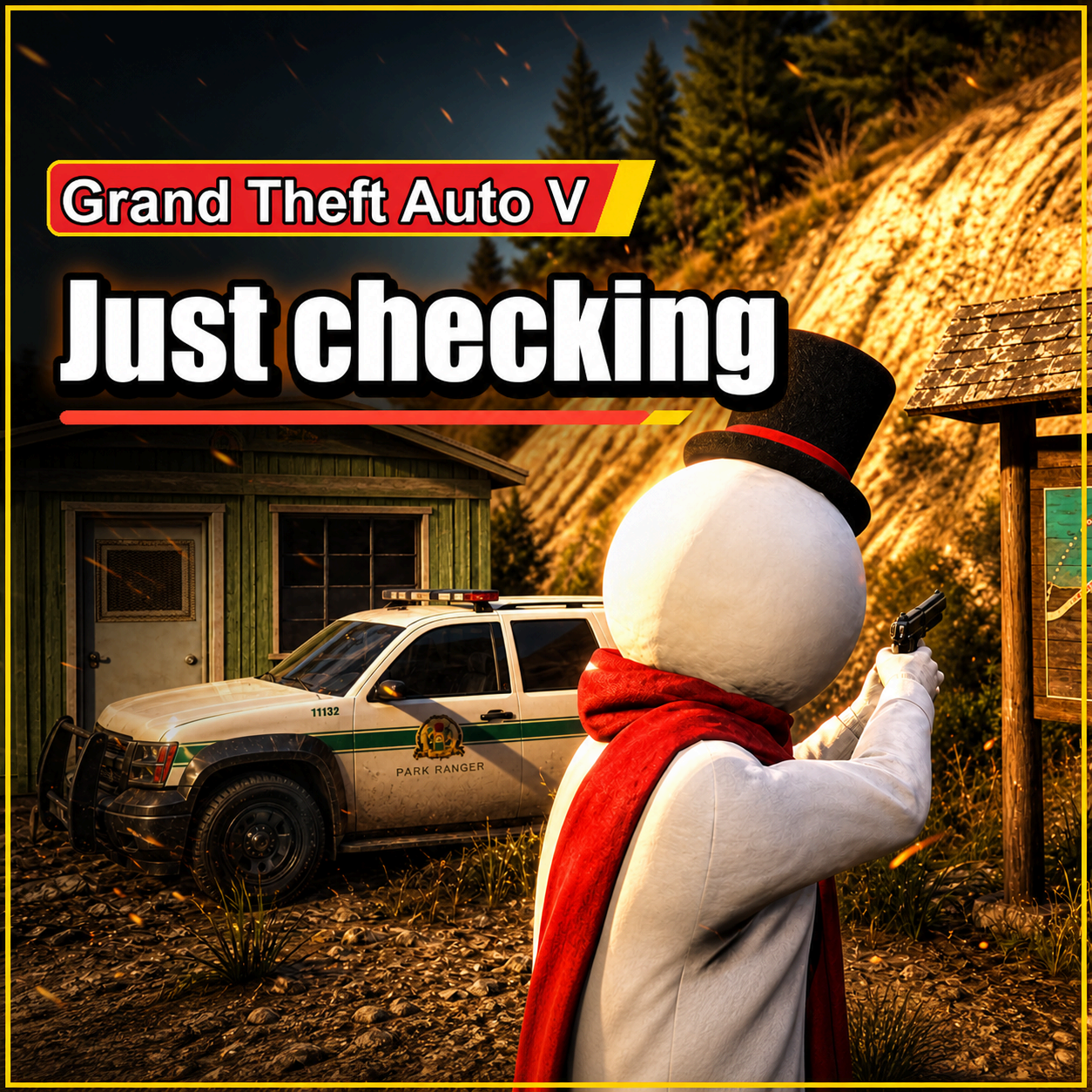 The Scary Snowman takes aim beside a park ranger truck in Grand Theft Auto V