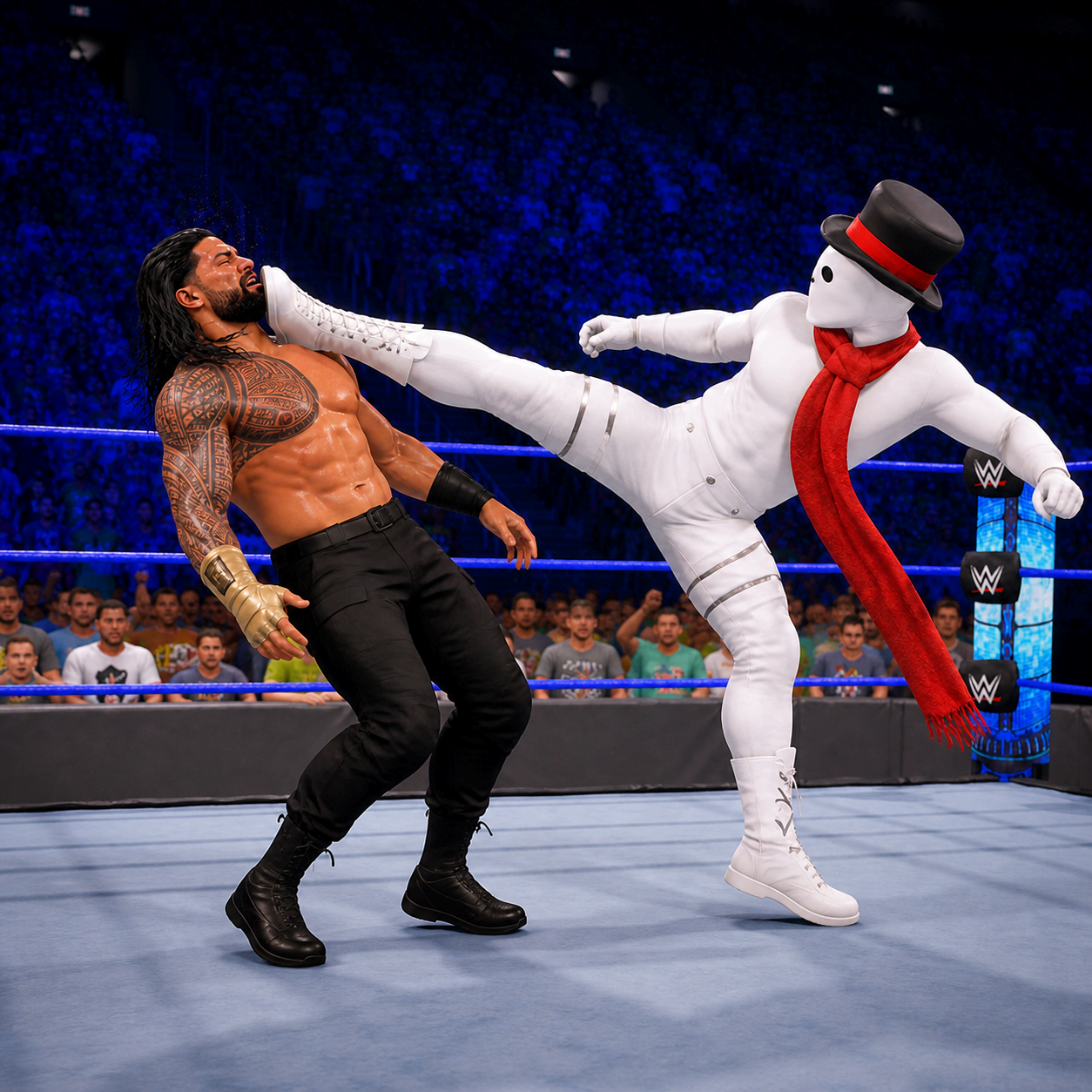 The Scary Snowman wrestler lands a high kick in WWE 2K