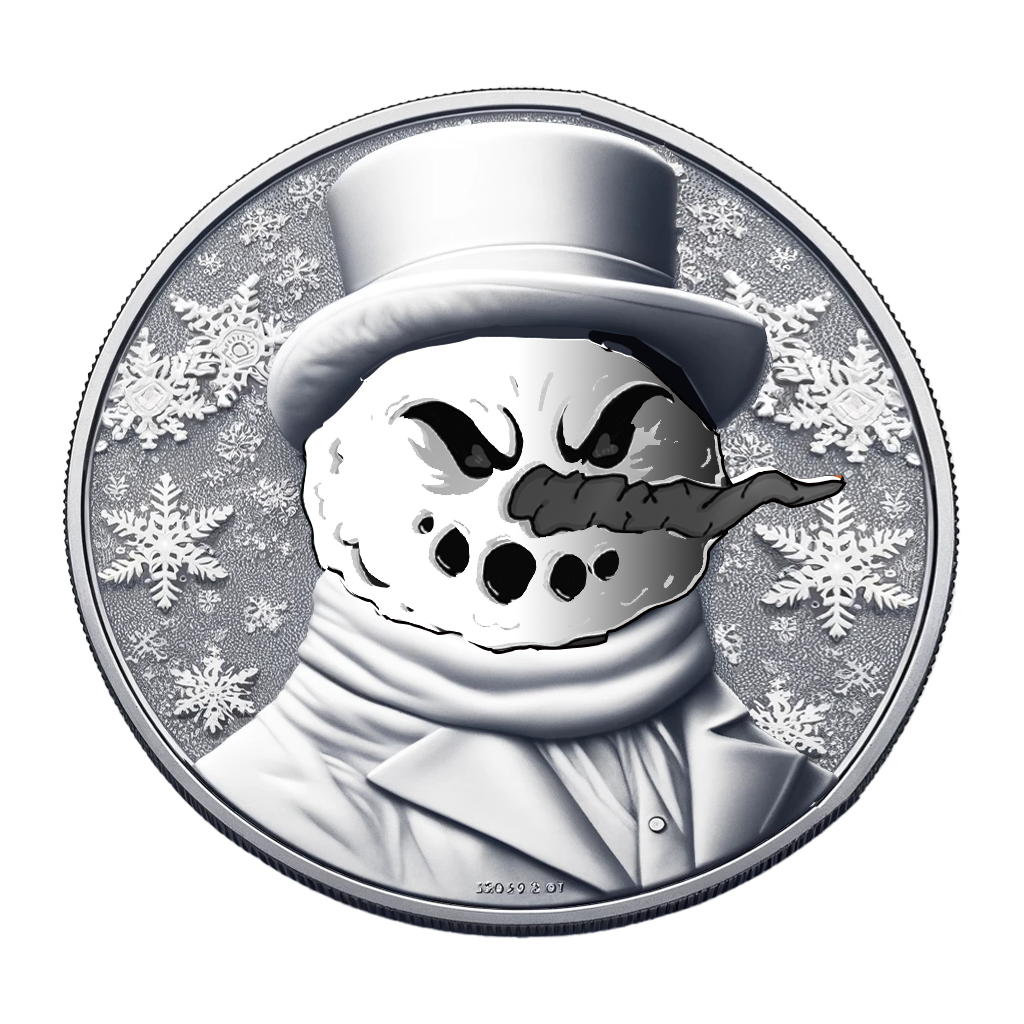 Official silver $FROST coin with Scary Snowman in a top hat