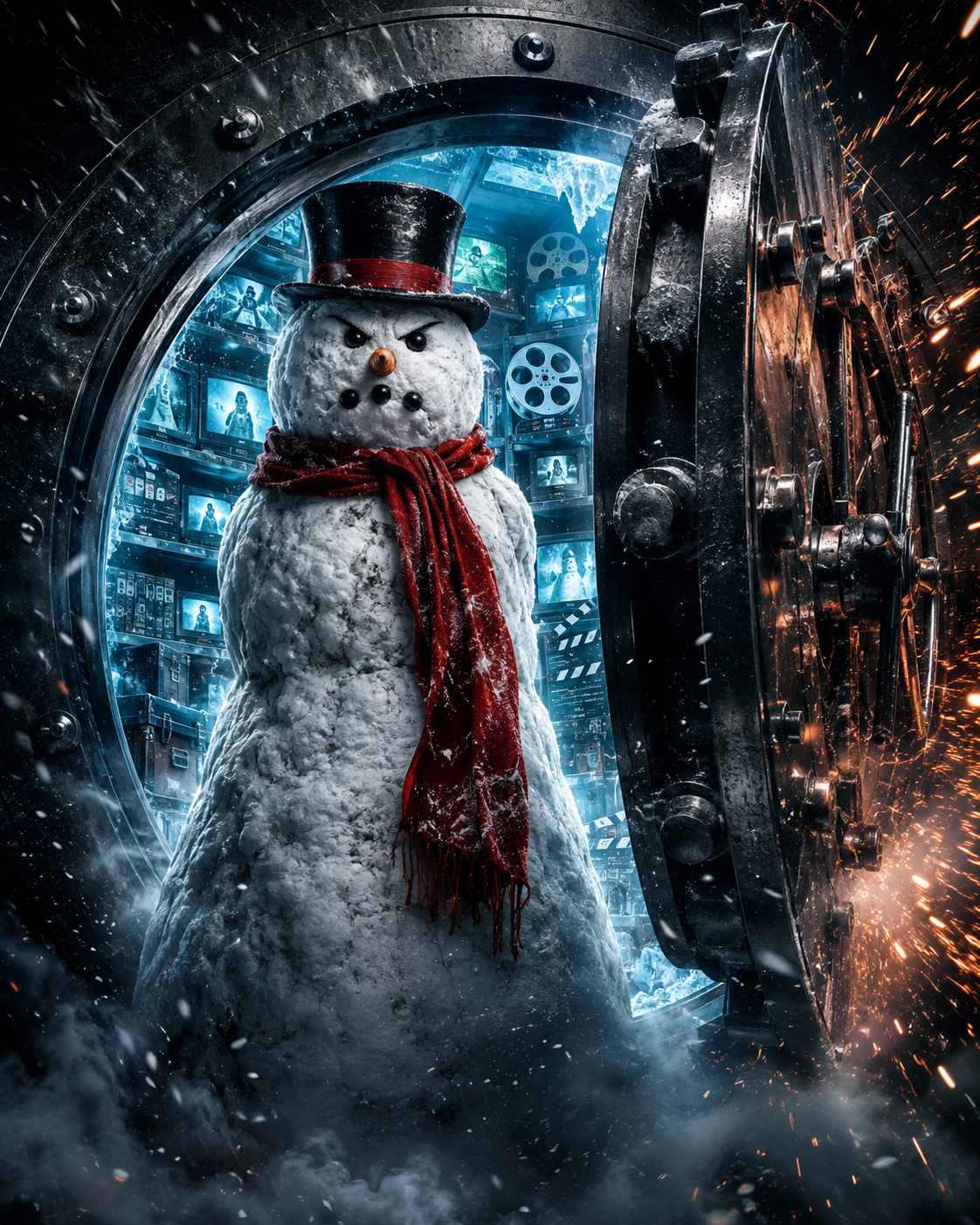 Freaky the Scary Snowman opening a massive steel vault filled with twenty years of video history
