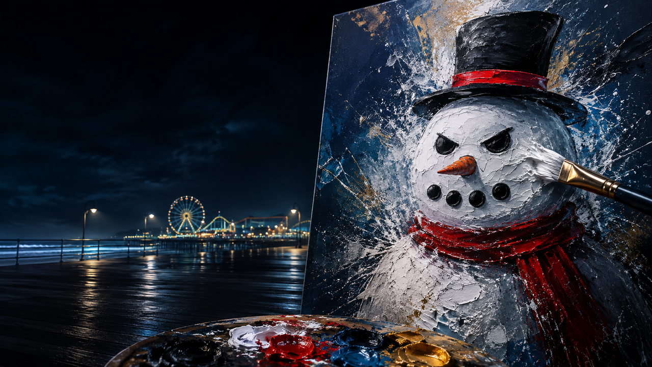 Acrylic-painting tribute to the famous Wildwood Scary Snowman moment