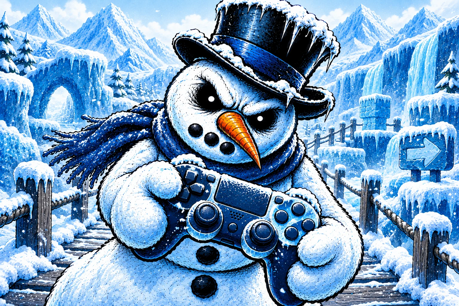 Freaky holding a video-game controller in an icy adventure world